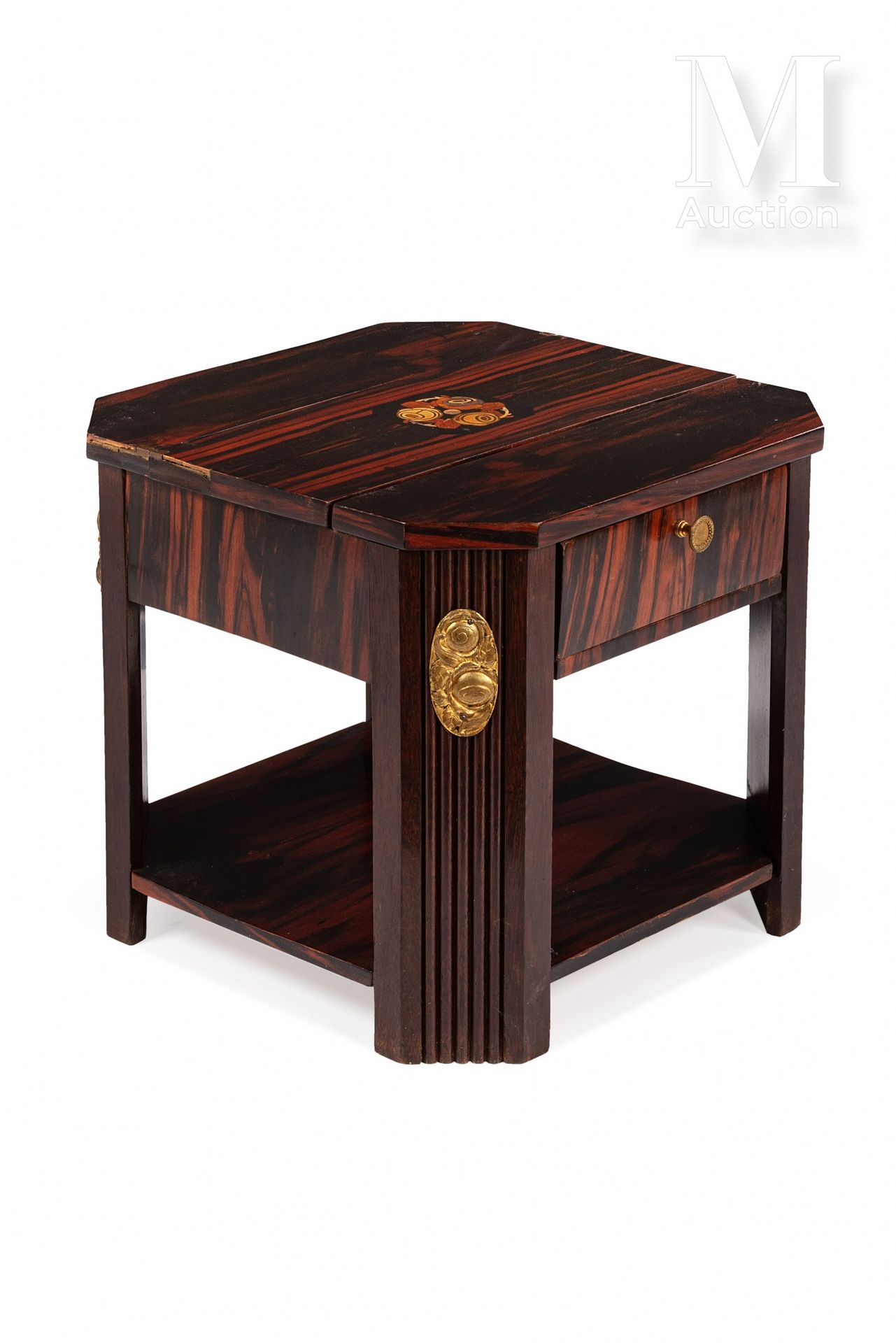 TRAVAIL ART DECO Carved rosewood and Macassar ebony veneer bedside table with in&hellip;