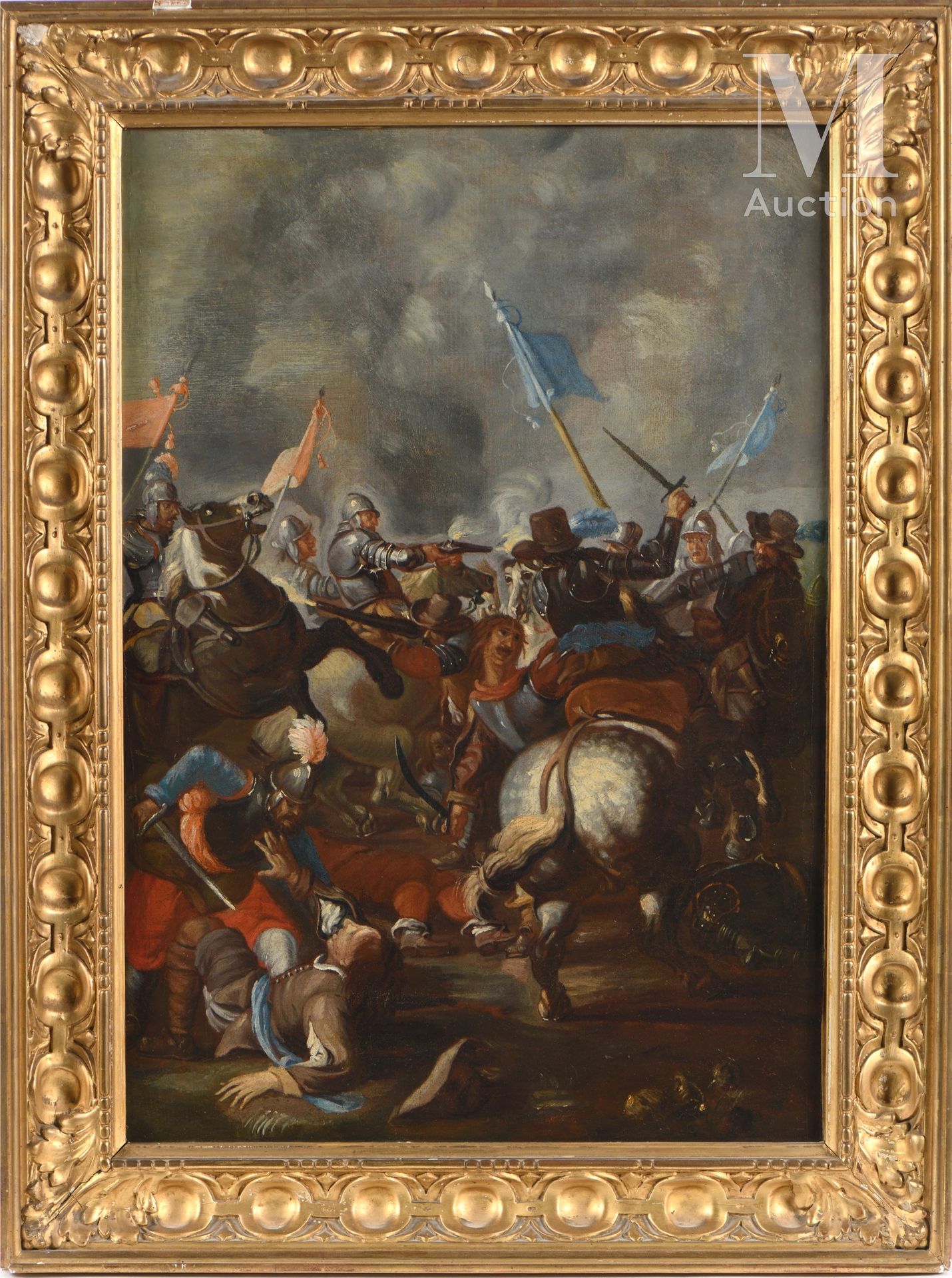 Ecole ROMAINE du XVIIème siècle, entourage de Jacques COURTOIS 骑兵围绕蓝旗作战/骑兵围绕白马作战&hellip;