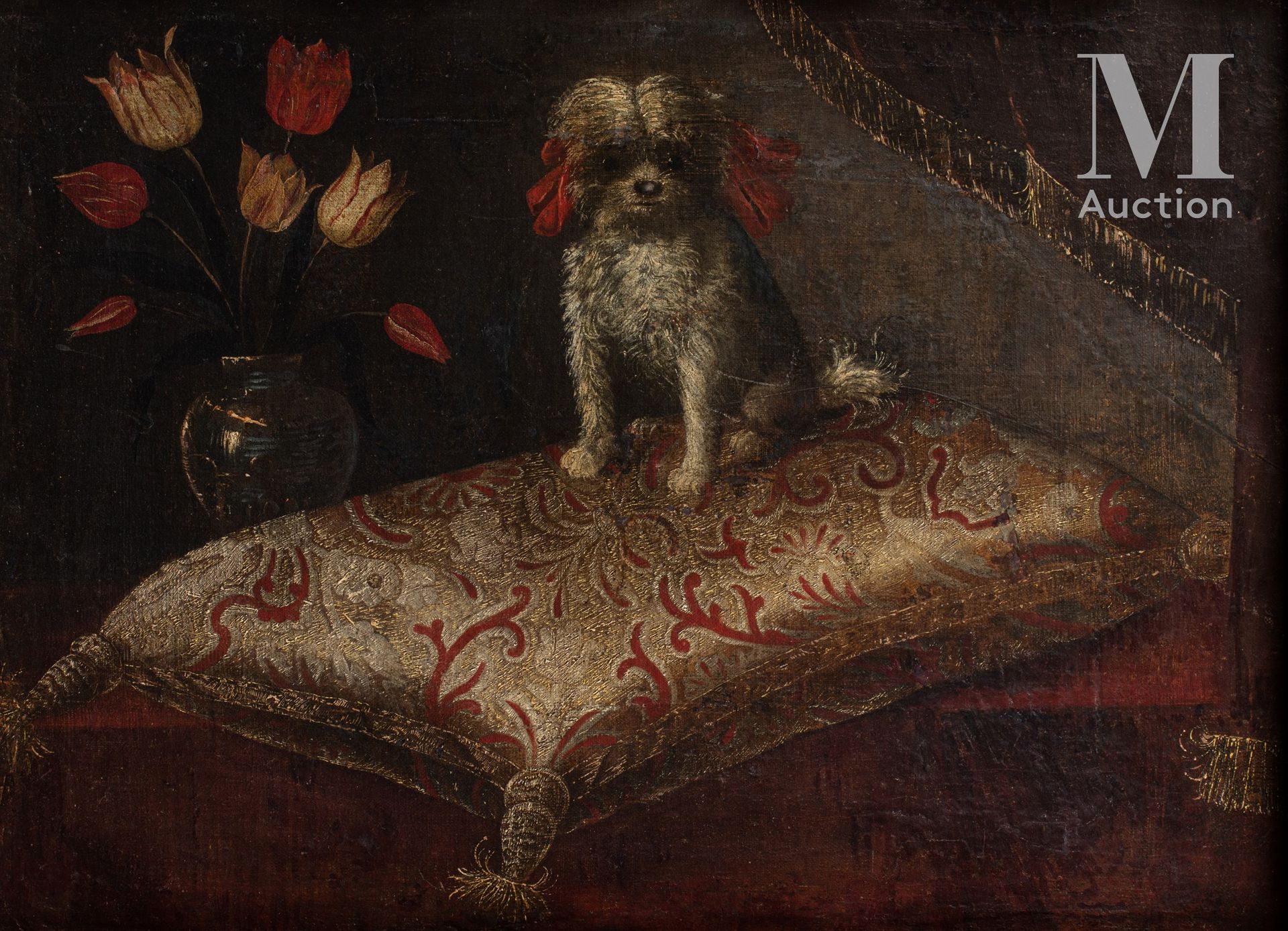 Null 17世纪意大利学校，Pier Francesco CITTADINI的随行人员

有红结和花束的狗

帆布

63.5 x 85.5厘米



旧的修&hellip;