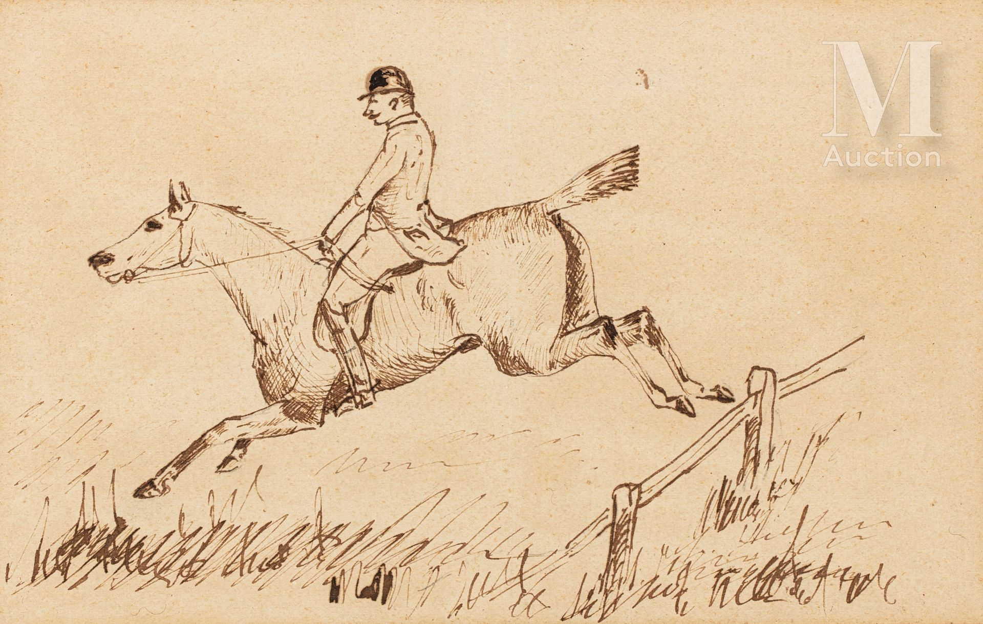 ECOLE FRANCAISE fin XIXeme SIECLE 跳跃的骑手

纸上墨水，签名。

10.5 x 16.5厘米。