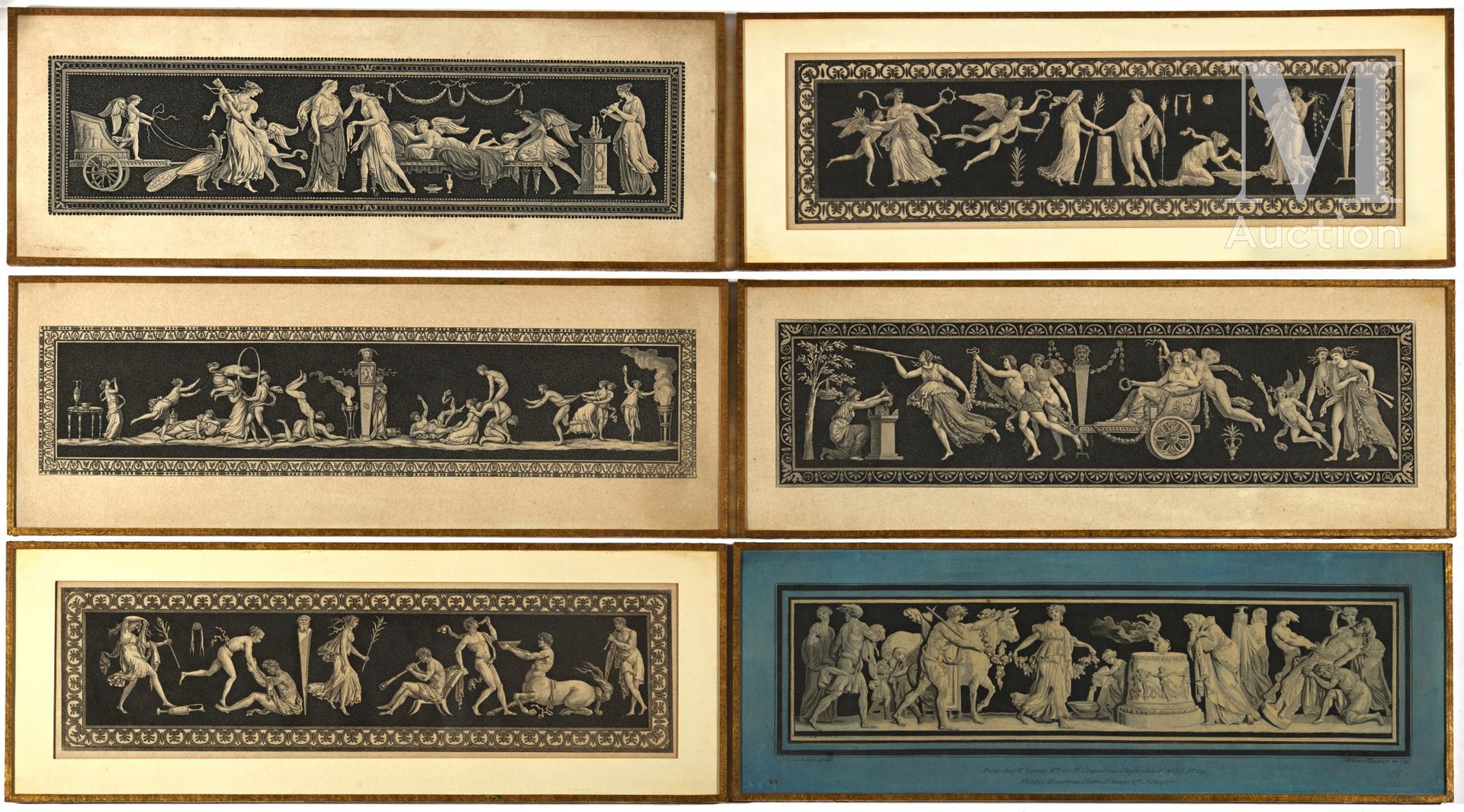 Six gravures 古代风格的浮雕，在玻璃下。

19世纪晚期。

15,5 x 43 厘米。