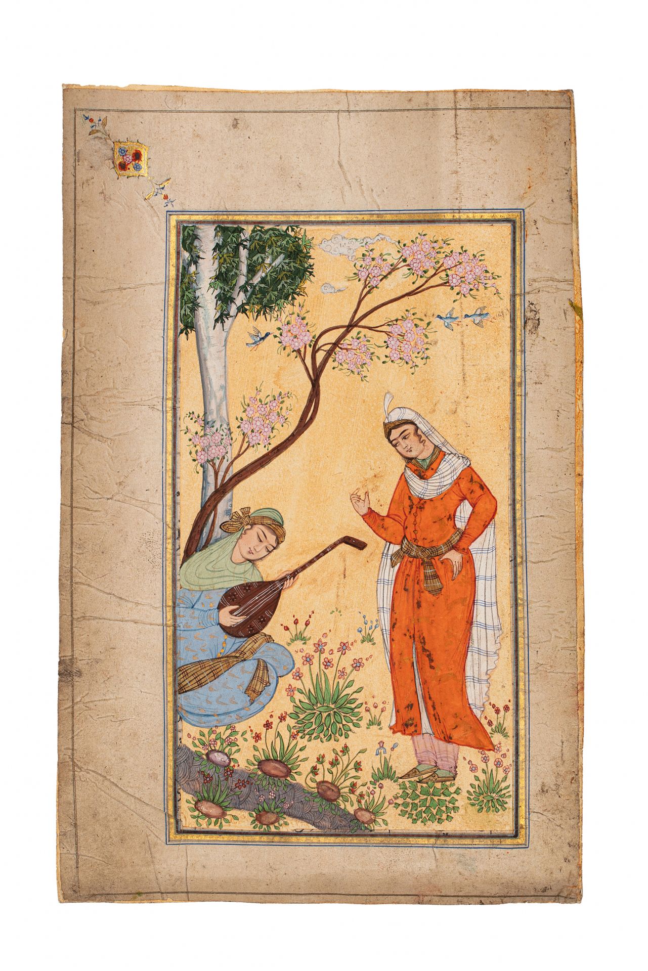 Scène musicale 伊朗，19世纪末-20世纪初

水粉画在纸上的粘贴。

场景：18.5 x 10.5厘米；叶片：25 x 16.5厘米