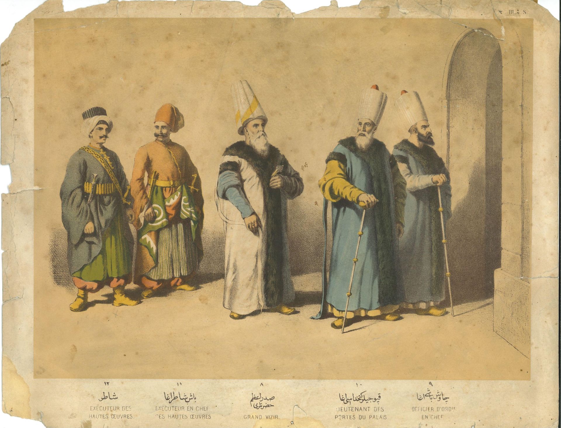 Six lithographies de costumes officiels des Ottomans 
Sei litografie a colori di&hellip;