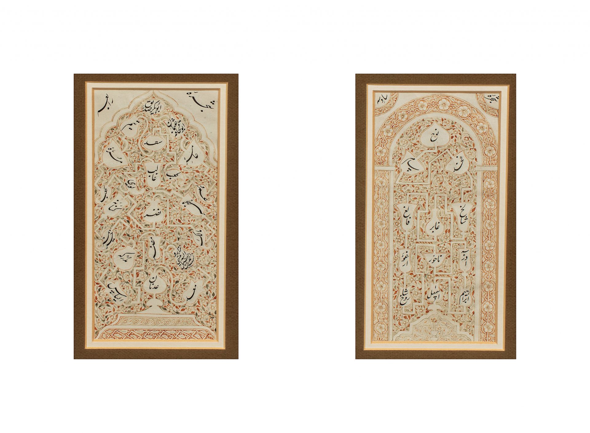 Paire de calligraphies persanes 伊朗，约1900年

在 "mihrab "中组织的cartouches的nasta'liq的书&hellip;