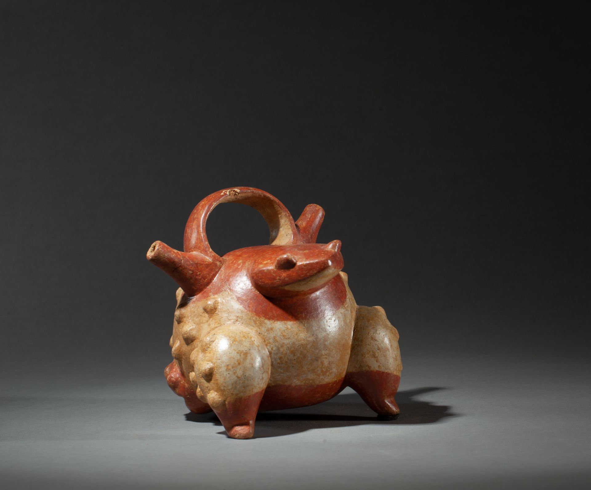 *Vase zoomorphe 有两个颈部，由桥形手柄连接。身体以妊娠期的青蛙为模型

赤土色与米色和咖啡红色的滑面

哥伦比亚Tierradentro地区，公&hellip;