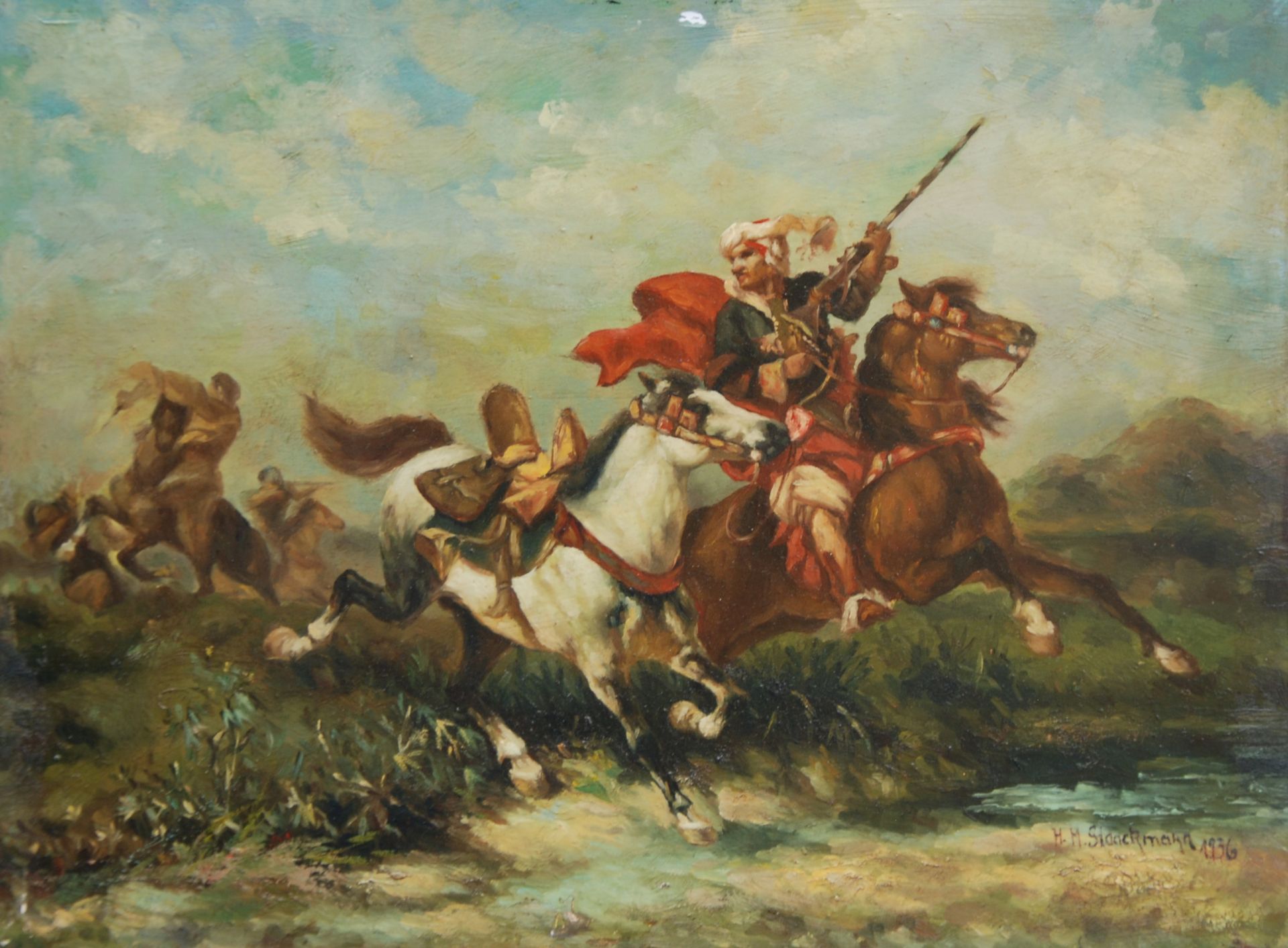 Heinrich Maria STAACKMAN (1852 - 1940) Scène de combat à cheval Huile sur pannea&hellip;