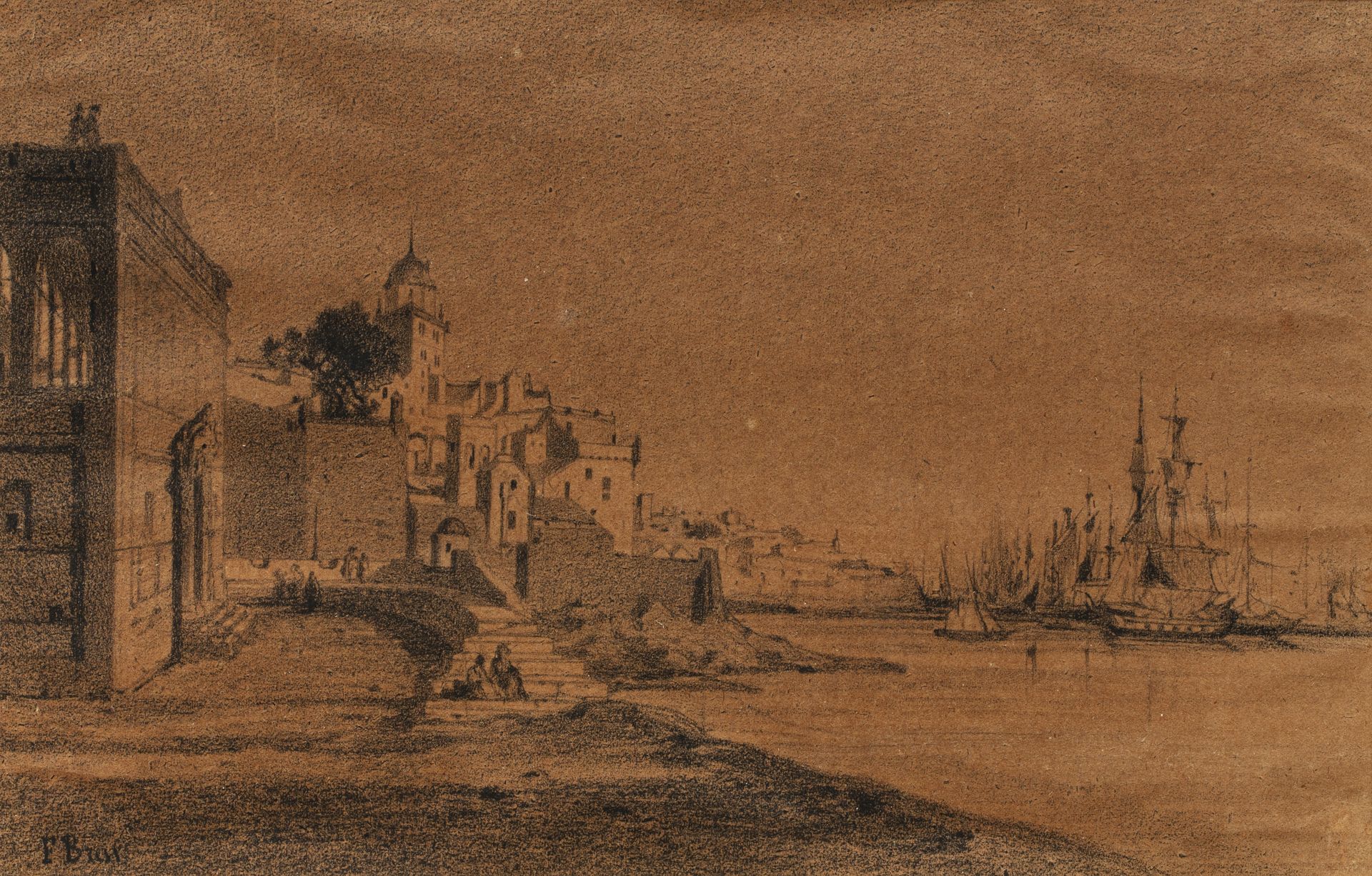 Attribué à Fabius BREST (1823-1900) Rivage oriental Crayon 14,5 x 22,5 cm Porte &hellip;