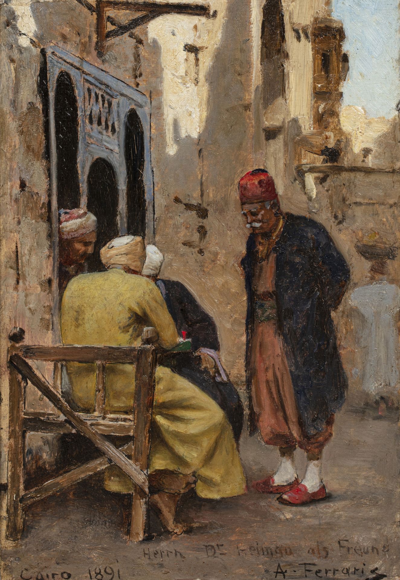 Attribué à Arthur FERRARIS (1856 - 1936 /40) Discussion d'hommes dans une rue du&hellip;