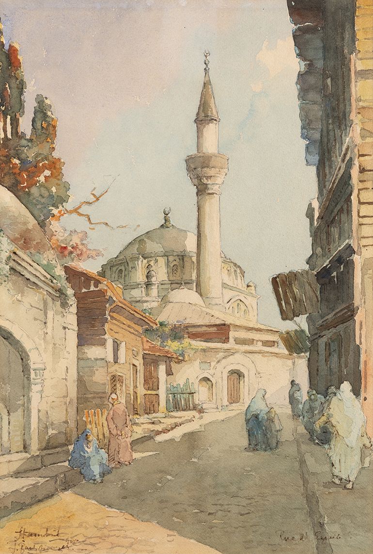 Josef PAWLIKIEWICZ (Actif au XX ème siècle) Rue de Eyup et vue de la mosquée Aqu&hellip;