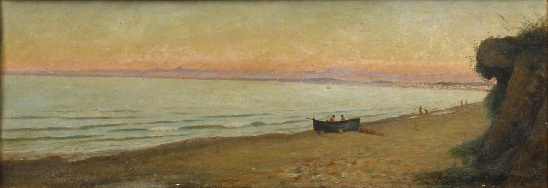 Joseph SINTES (Alaior 1829 - Alger 1913) Soleil couchant sur la plage Huile sur &hellip;