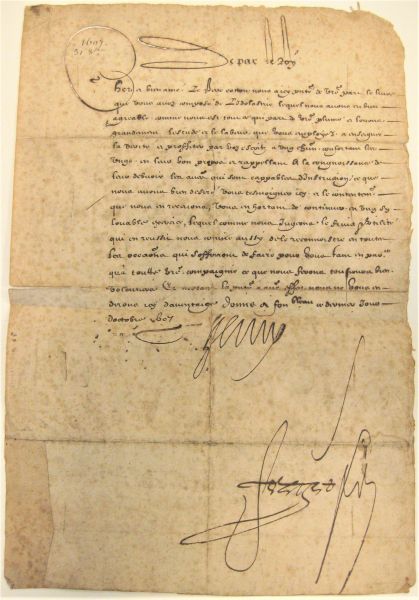 Null 亨瑞四世。有签名的信，由国务卿皮埃尔-奥托-德-弗雷斯内作为国务卿加签，致里昂耶稣会的省长路易-里乔姆。枫丹白露，1607年10月31日。1页对开本，&hellip;