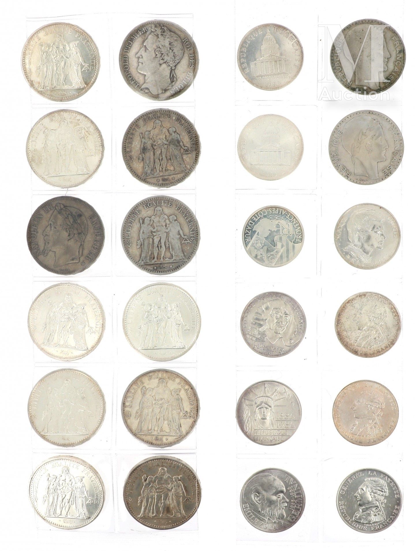 LOT DE PIECES DE MONNAIE EN ARGENT 一批银币包括:

- 3 x 2 FF Semeuse

- 约100 x 5 FF So&hellip;