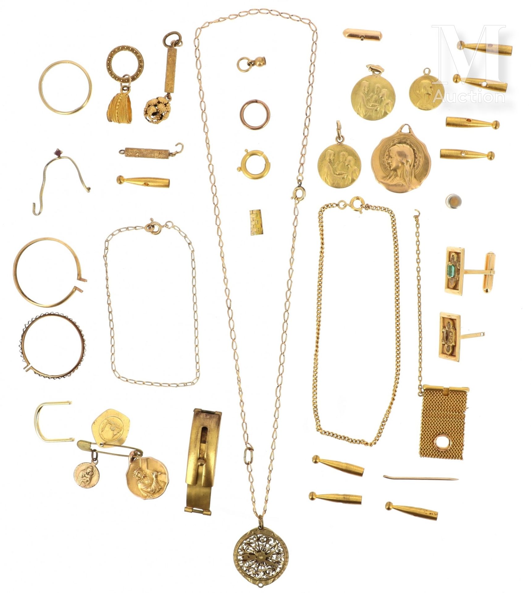 Lot de bijoux et débris 一批18K(750°/°)黄金的杂项首饰和废料，包括:

袖扣、部分表带、各种奖章、结婚戒指、扣子和碎片。

总&hellip;