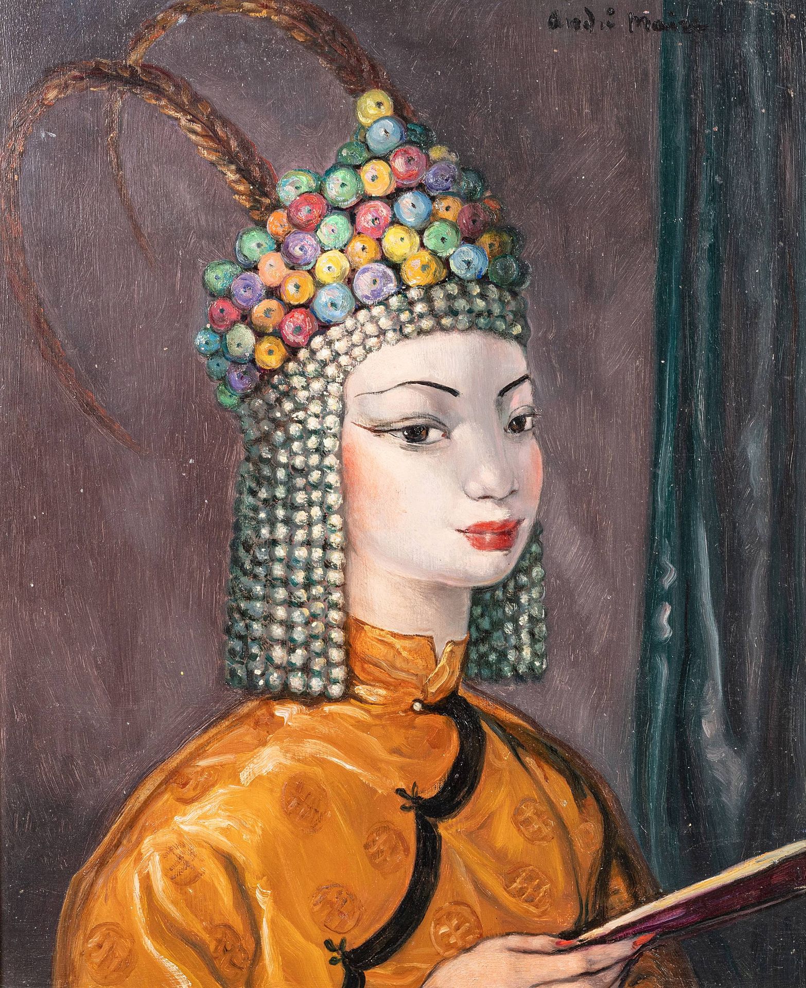 André MAIRE (1898-1985) 
Femme asiatique en tenue de théâtre

Huile sur isorel

&hellip;