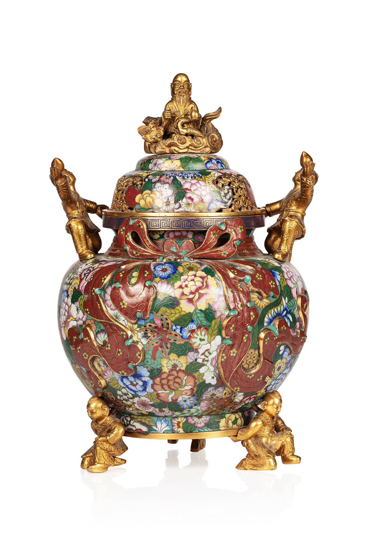 CHINE, XIXe siècle 
Brûle-parfum en émaux cloisonnés à décor millefleur, un ruba&hellip;