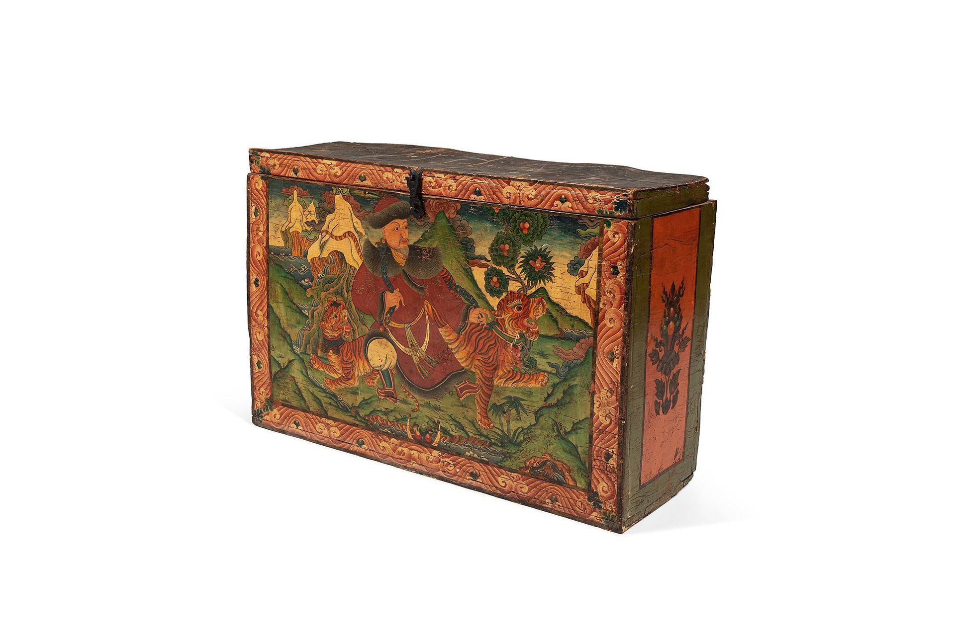 Tibet, XIXe siècle 
大型彩绘木箱，上面有多色装饰的人物，可能是成吉思汗，在一片山林中用绳子牵着两只老虎。









77 x 118&hellip;