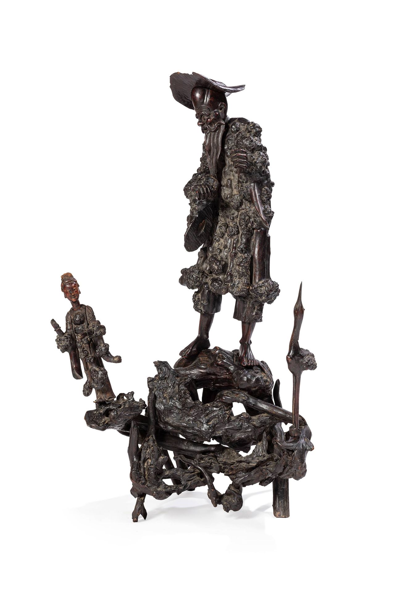 CHINE, XIXe siècle 
Groupe en racine sculptée composé de plusieurs parties emboi&hellip;