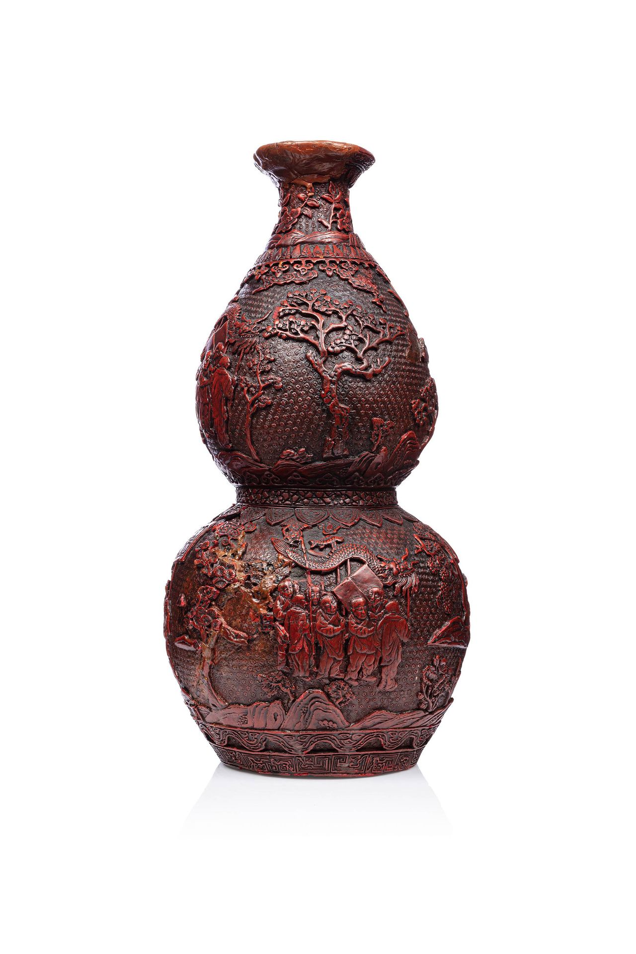 CHINE, XIXe siècle 
Vase de forme double gourde en laque rouge sculptée d'un déc&hellip;