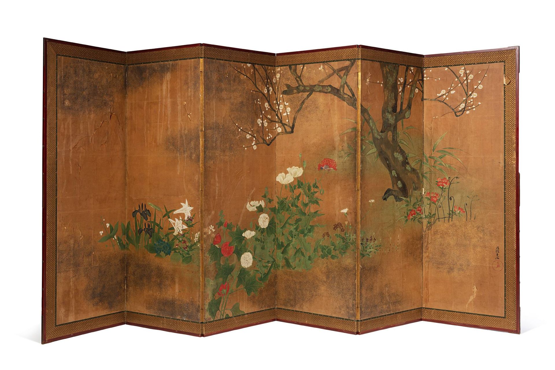 JAPON, Ecole Rinpa, XIXe siècle 
Biombo de seis hojas

Al estilo de Ogata Korin.&hellip;