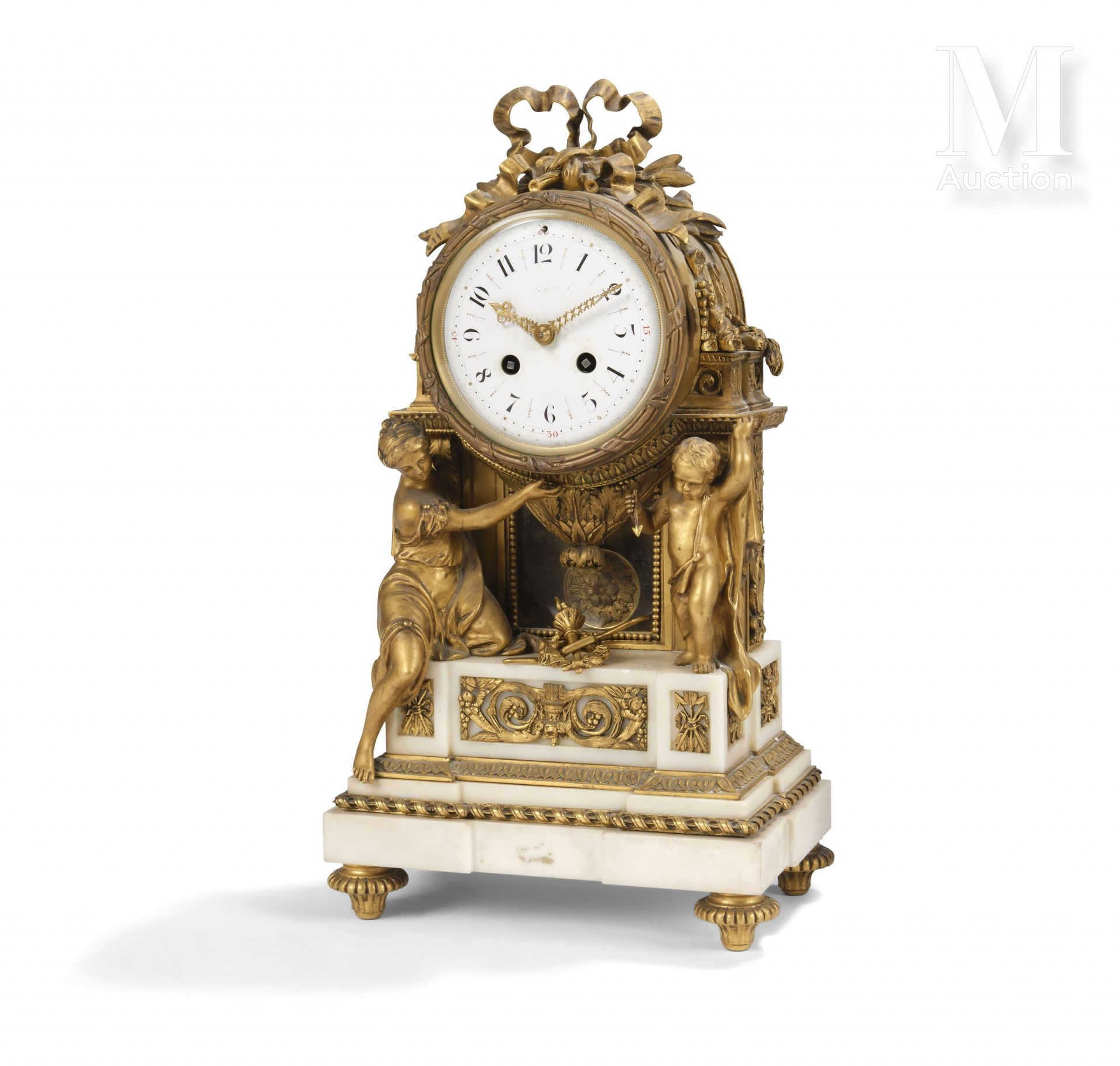 Pendule de forme borne in chased and gilt bronze and white marble. The white ena&hellip;