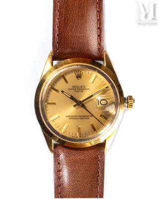 ROLEX Oyster Date 

Round men's watch 

Reference 15505

Circa 1987

Gold-plated&hellip;