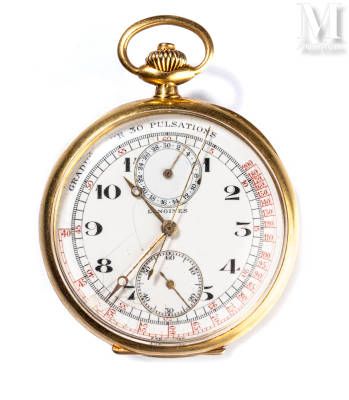 LONGINES Montre de gousset chronographe 
Vers 1900 
Boitier en or jaune 750 mill&hellip;