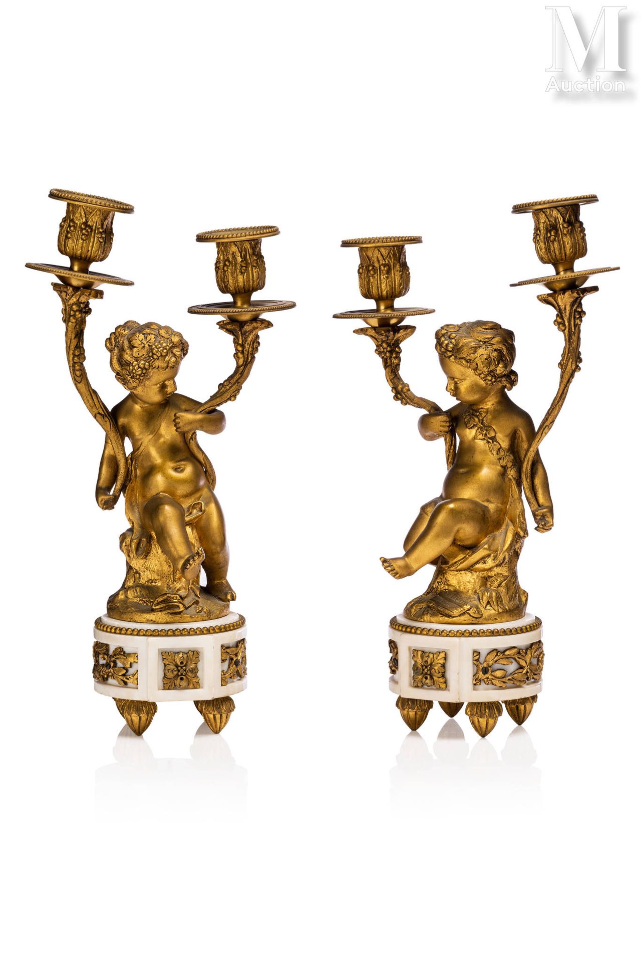 PAIRE DE CANDÉLABRES with two lights in gilt bronze and white marble decorated w&hellip;