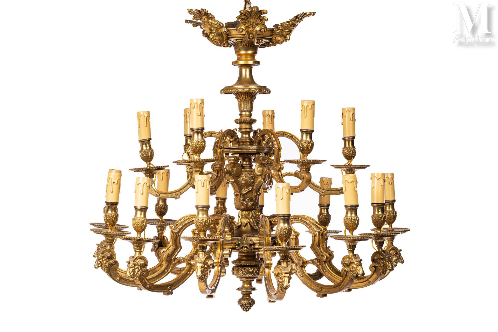 LUSTRE EN BRONZE DORÉ with eighteen lights arranged on two rows, the arms in con&hellip;