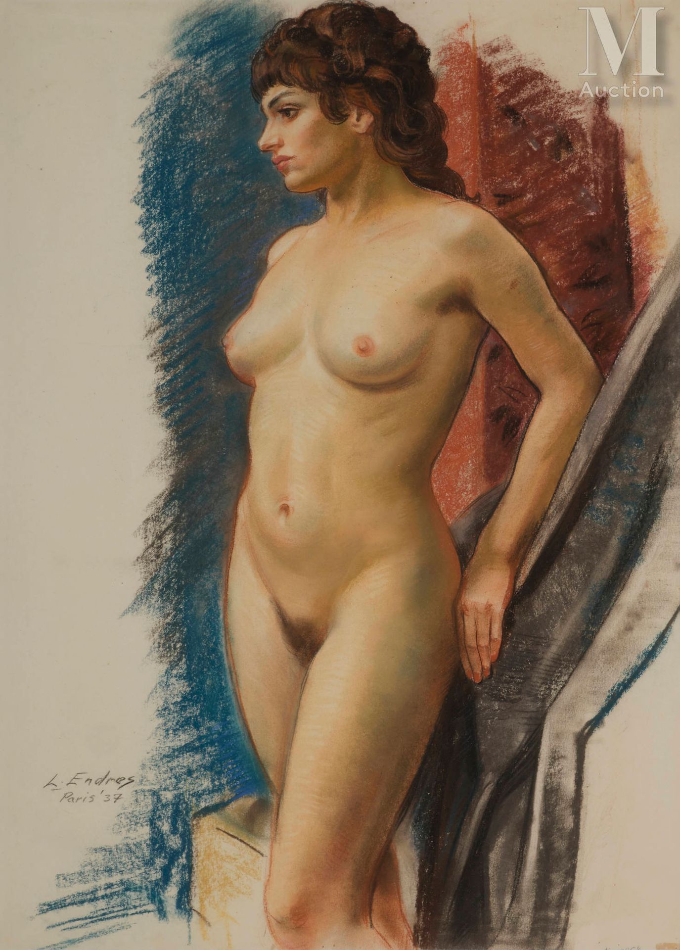 Louis ENDRES (1896 - 1986)L 裸体女人站立

灰色

65x47厘米

左下角有签名、定位和日期 L.Endres Paris 37