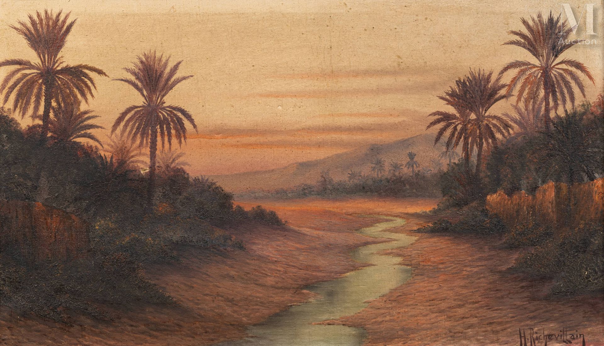 Henri RICHEVILLAIN (XIXE-XXE SIÈCLE) Coucher du soleil sur oasis

Huile sur toil&hellip;