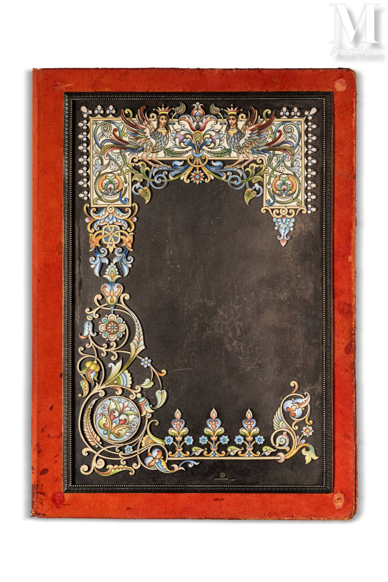 Magnifique sous-main 红色皮革，第一块板子上装饰着84个佐罗特尼克（875千分之一）的银板，上面有新艺术风格的粉彩色调的叶子、花朵和两个海妖&hellip;
