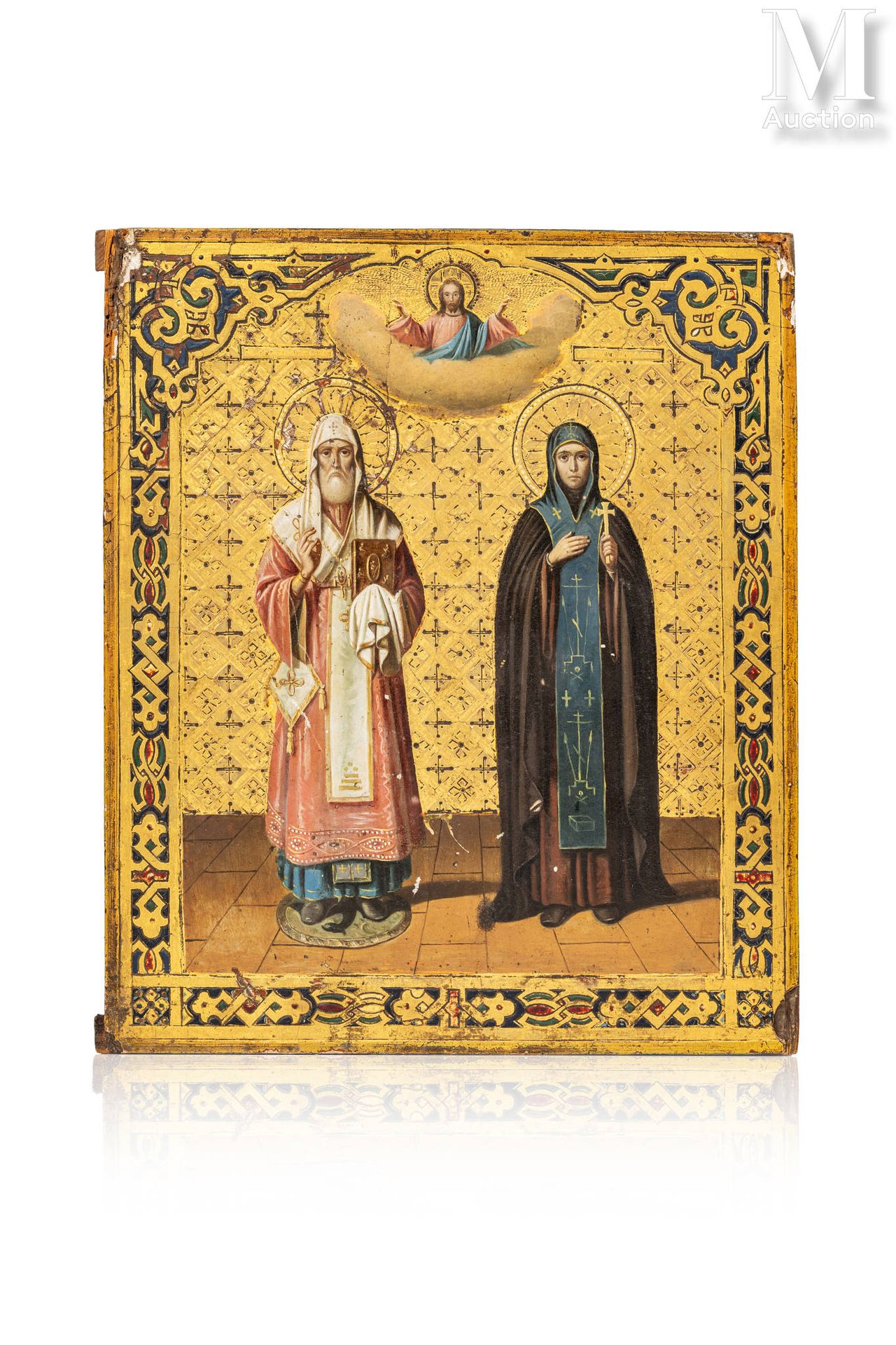 Icône de Saint Alexis le Métropolite de Moscou et Sainte Paraskeva. 
金色背景的木头上的淡彩&hellip;