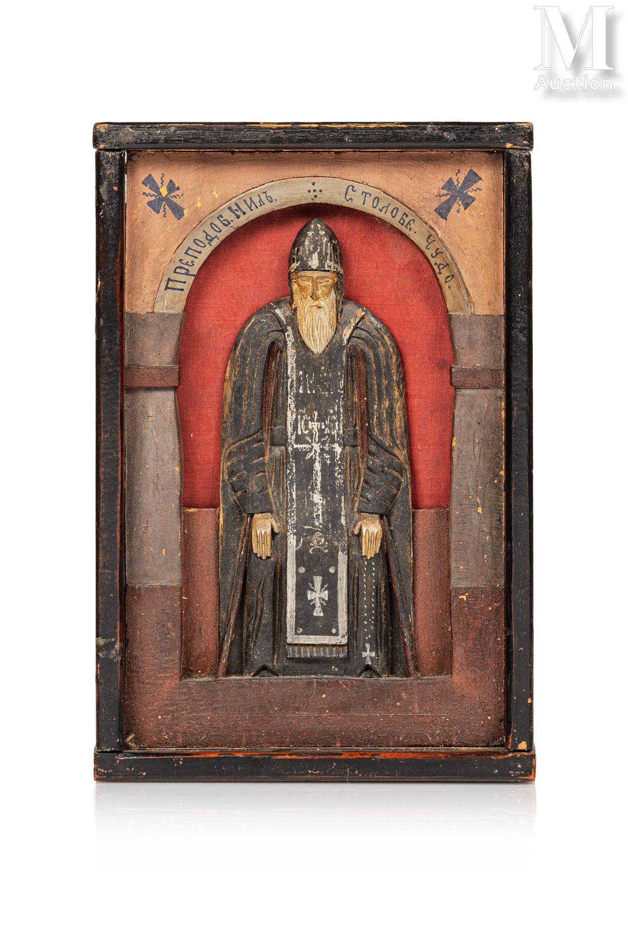 Icône du Saint Révérend Nil Stolobensky. 
En bois sculpté en bas relief et peint&hellip;
