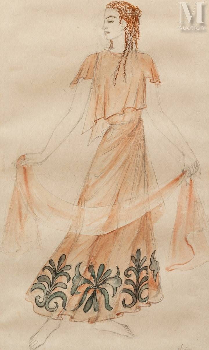 Natalia Sergueievna GONCHAROVA (1881-1962). 为芭蕾舞剧《视觉古董》进行服装设计。

纸上石墨和水彩画，右下角有字样。&hellip;
