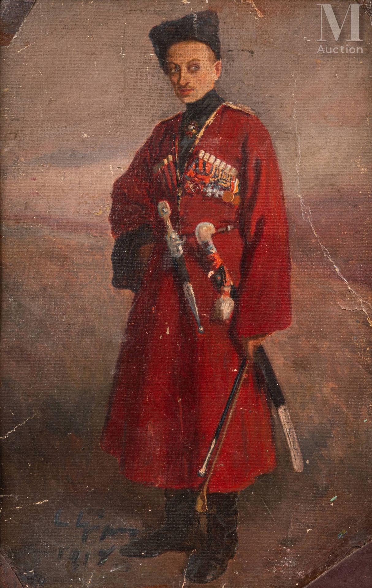 Ecole russe du début du XXe siècle. Portrait of a Cossack officer.

Oil on cardb&hellip;