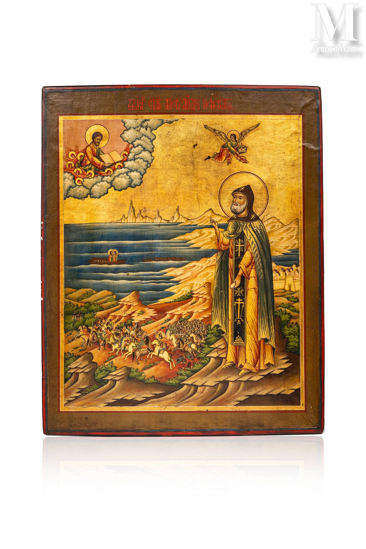 Icône de Saint Alexandre Nevsky et des épisodes de sa vie. 
木板上的钢笔画和黄金。状况良好，略有缺失&hellip;