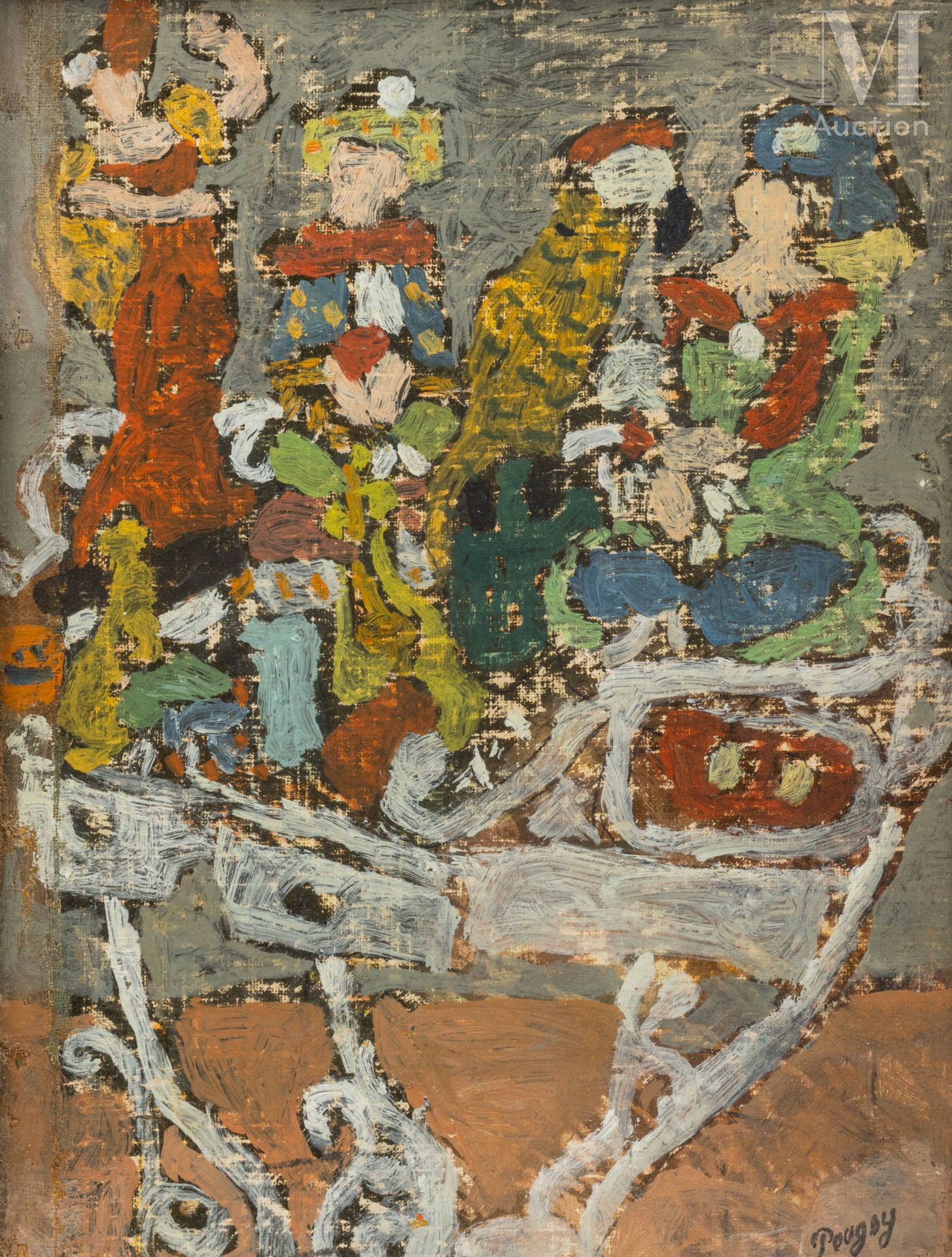Jean POUGNY (1894-1956). 白色桌子上的人和鹦鹉。

裱在纸板上的布面油画，右下方有签名。

雕刻的木质框架内，有护身符。

H.33 x&hellip;