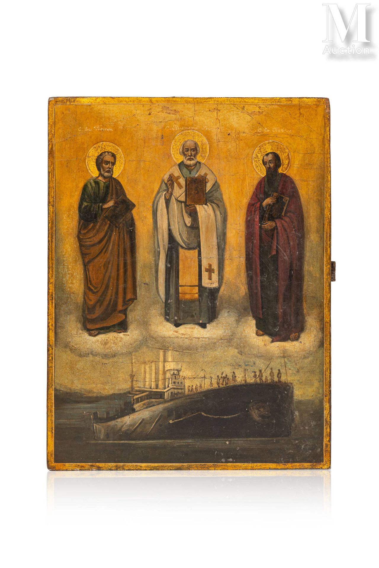 Icône de Saint Nicolas entouré des Apôtres Pierre et Paul surmontant le cuirassé&hellip;