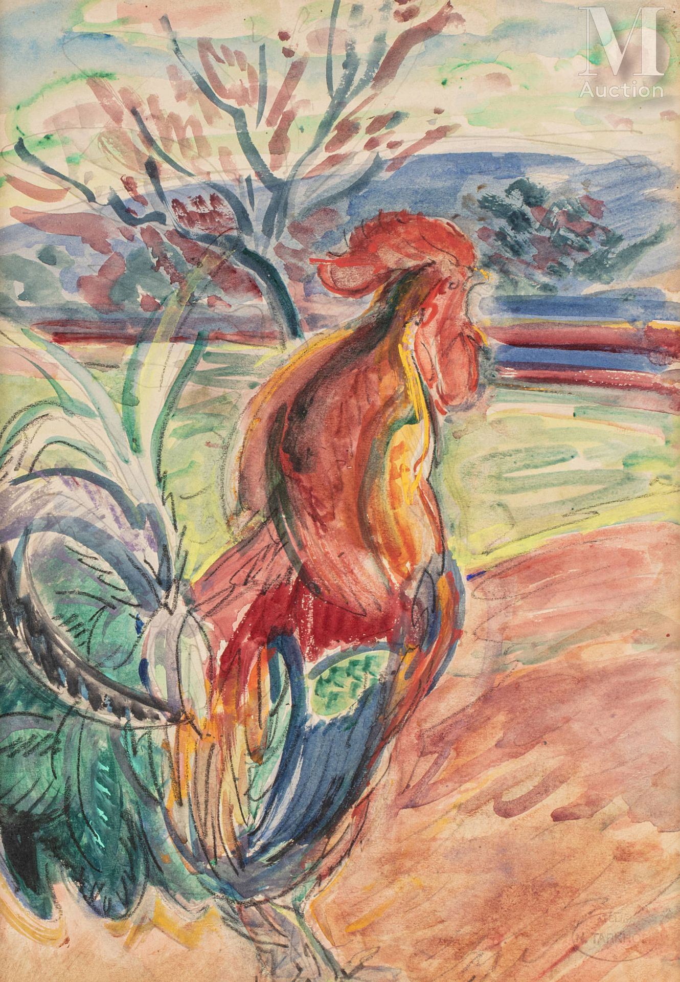 Nicolas Tarkhoff (1871-1930). 公鸡》。

纸上水彩、水粉和木炭，无签名。右下角有艺术家工作室的印章。有框。

H.35 x W. &hellip;