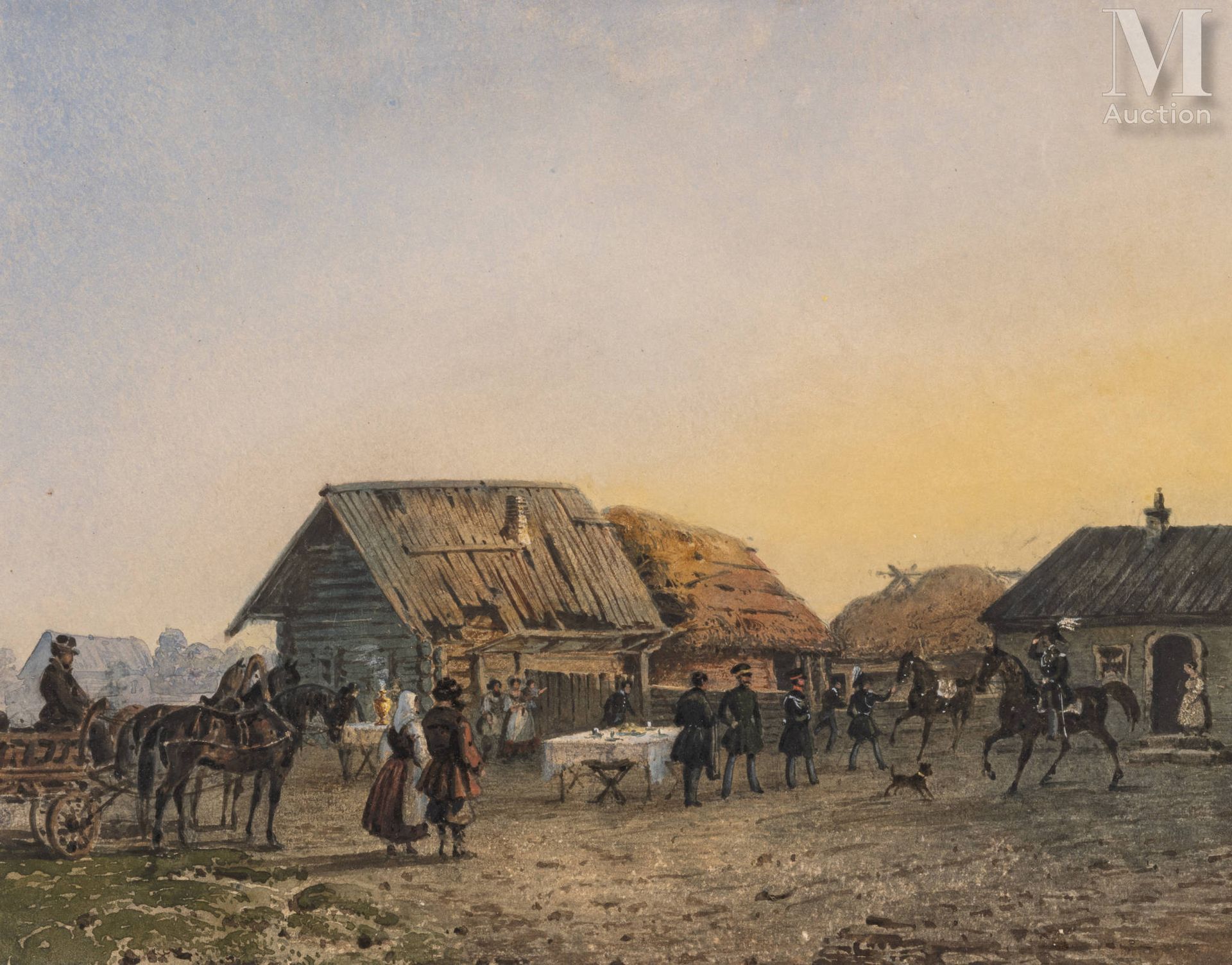 Ecole russe du XIXe siecle. 兵团抵达村庄。

纸上水彩画，无签名。有框。

H.19.5 x W. 20.5 cm (On view&hellip;
