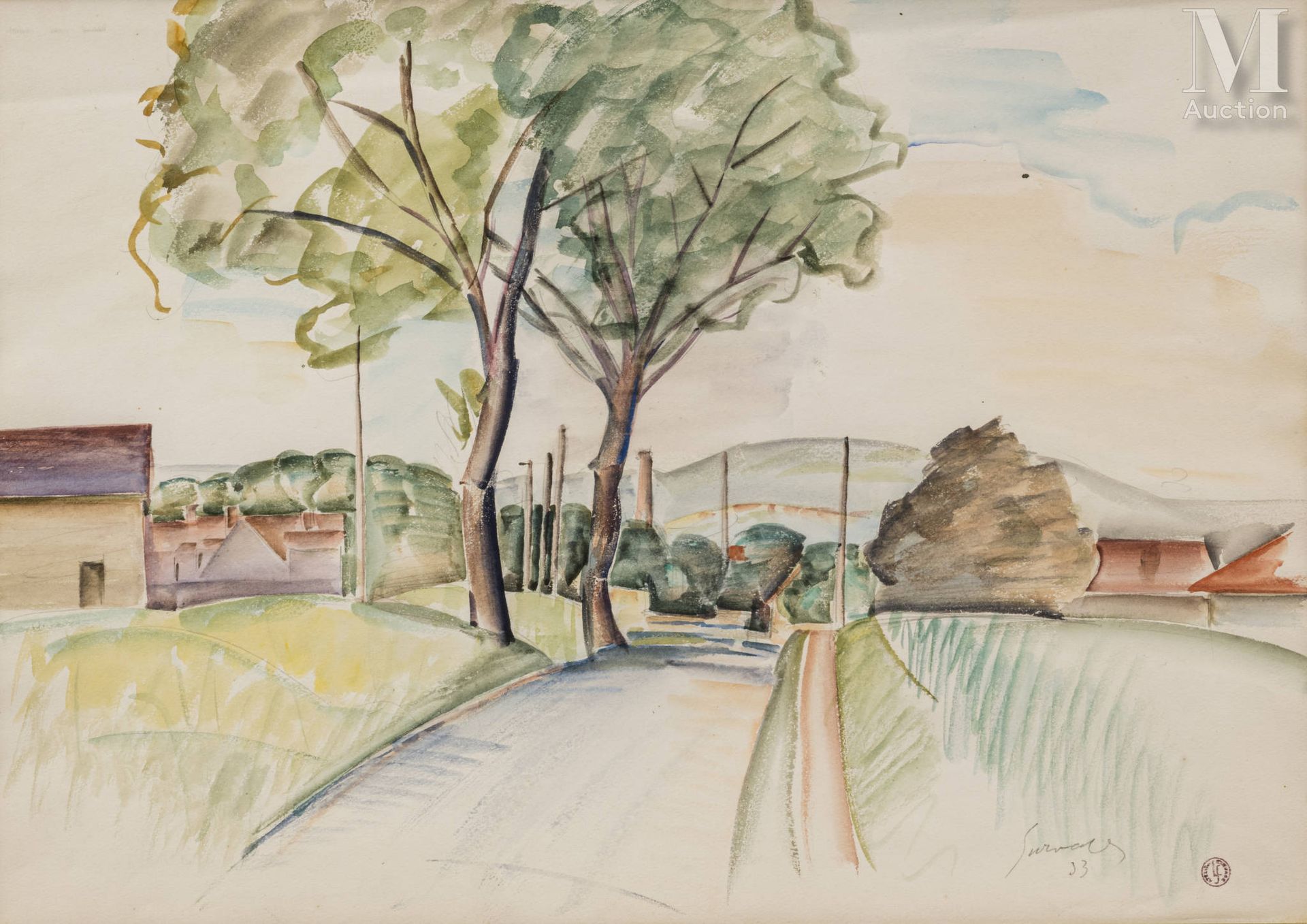 Léopold SURVAGE (1879-1968). 景观》（1933）。

纸上水彩和石墨，右下角有签名和日期，有Survage工作室印章。有框。

H.&hellip;