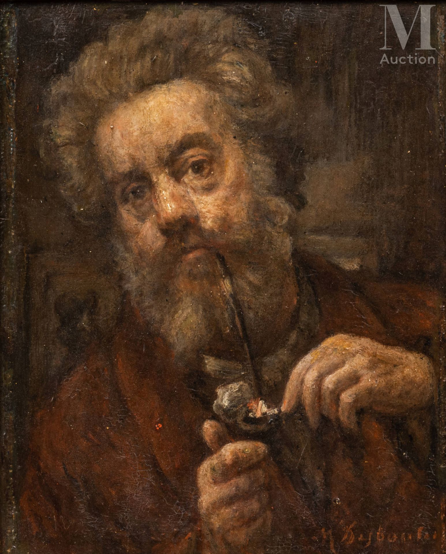 École russe de XIXe siècle. 一个抽着烟斗的男人的肖像。

面板油画，右下角有俄文签名。有框。

H.27 x W. 21.5 cm