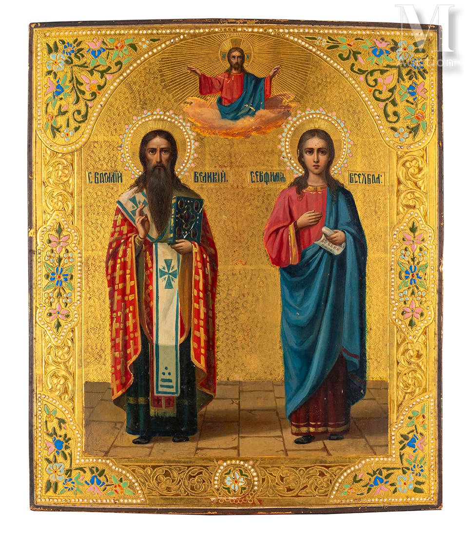 Icône de Saint Vassili le Grand et Sainte Euphemia. 
金色背景的木头上的淡彩画，边框是仿景泰蓝的珐琅。状况良&hellip;