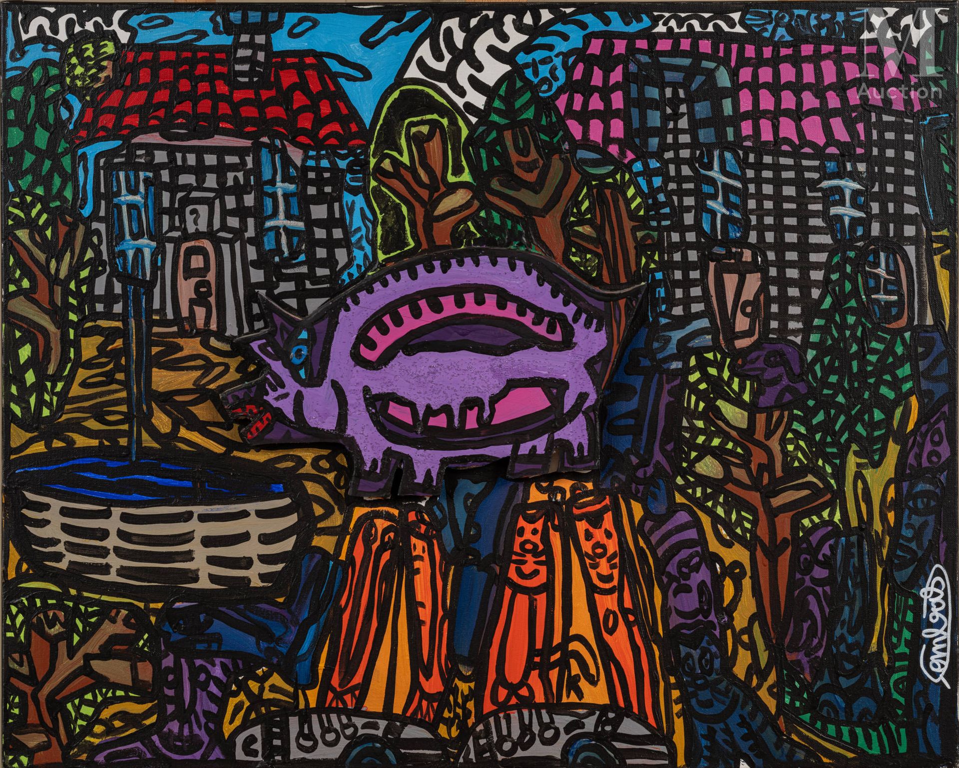 Robert COMBAS (Né en 1957) 一头蓝猪，一头紫猪，食槽的玻璃木，大约在1993年

右下角有签名的丙烯酸和彩绘木板拼贴画

65 x 8&hellip;