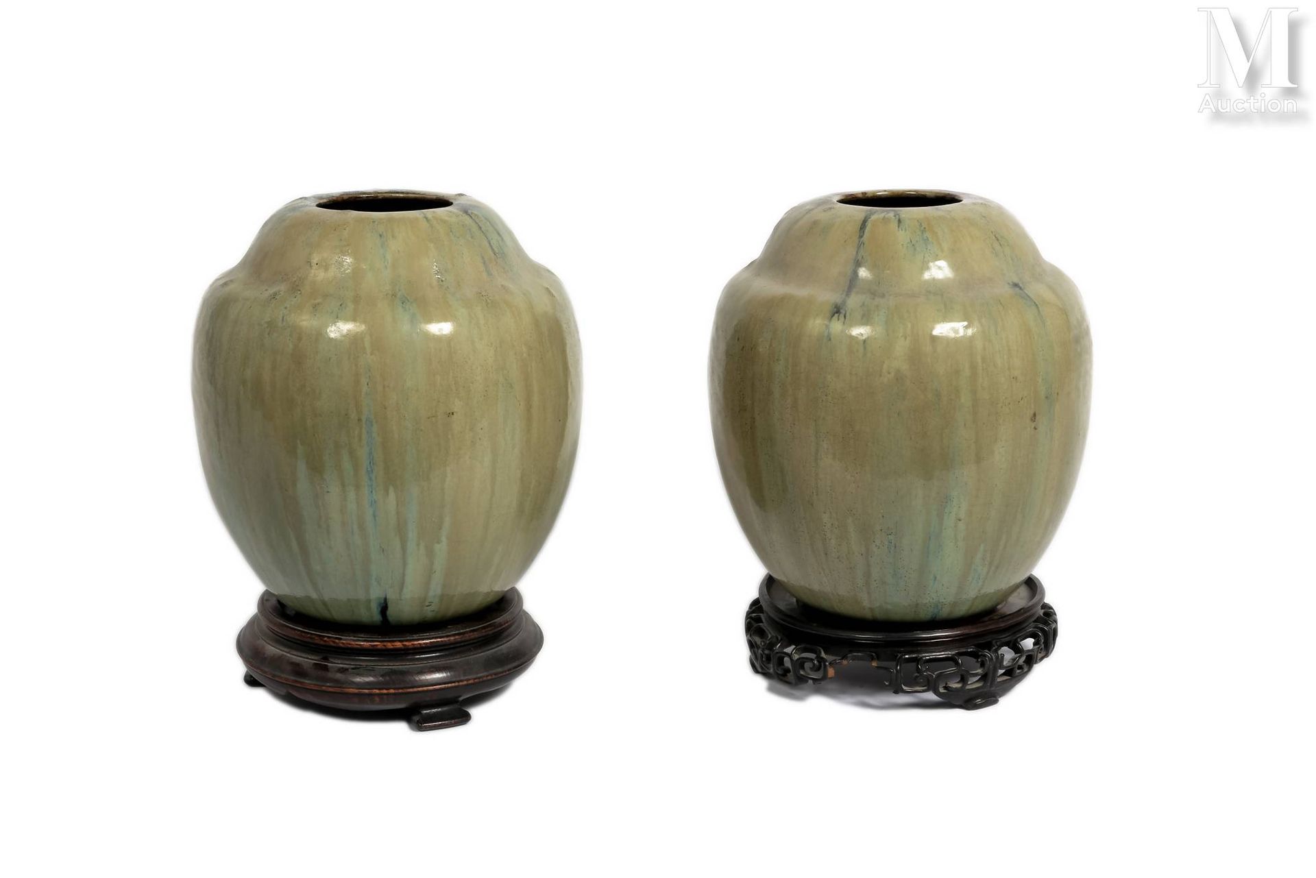 AUGUSTE DELAHERCHE (1857-1940) Pair of large ovoid vases with shoulder in shaded&hellip;