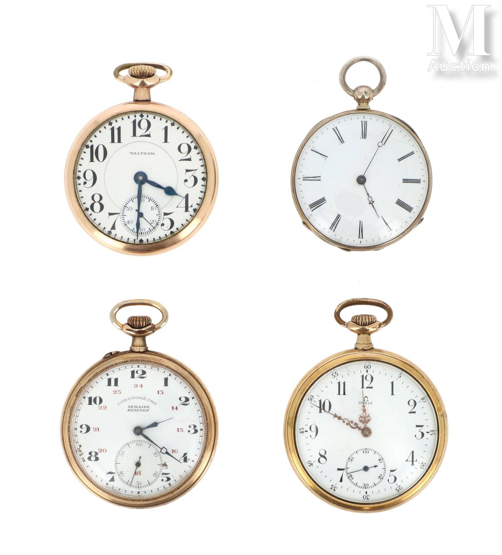 LOT DE MONTRES DE POCHE Set di tre orologi da tasca in metallo dorato: 

- un OM&hellip;