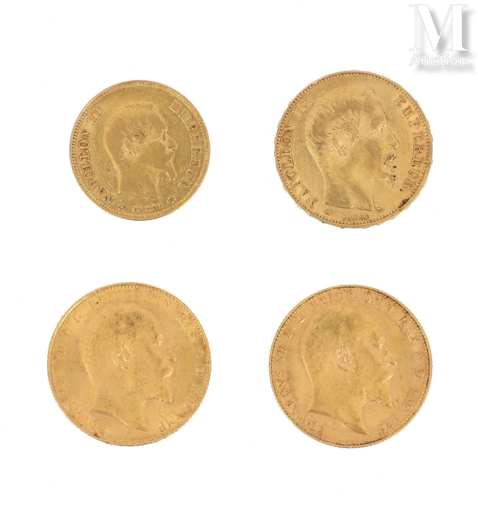 Quatre pièces en or Four gold coins :

- 2 x Sovereign Edouard VII 1906 and 1907&hellip;