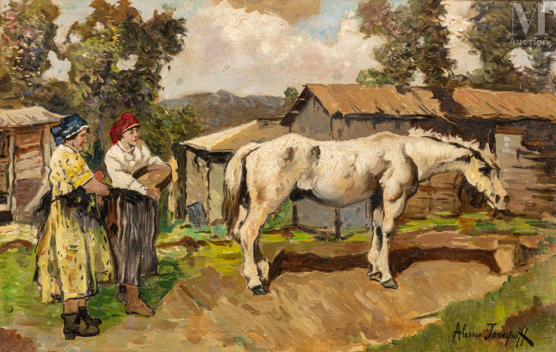 Alexis ISSUPOFF (Kirov 1889 - Rome 1957) Chicas de pueblo rusas y un caballo bla&hellip;