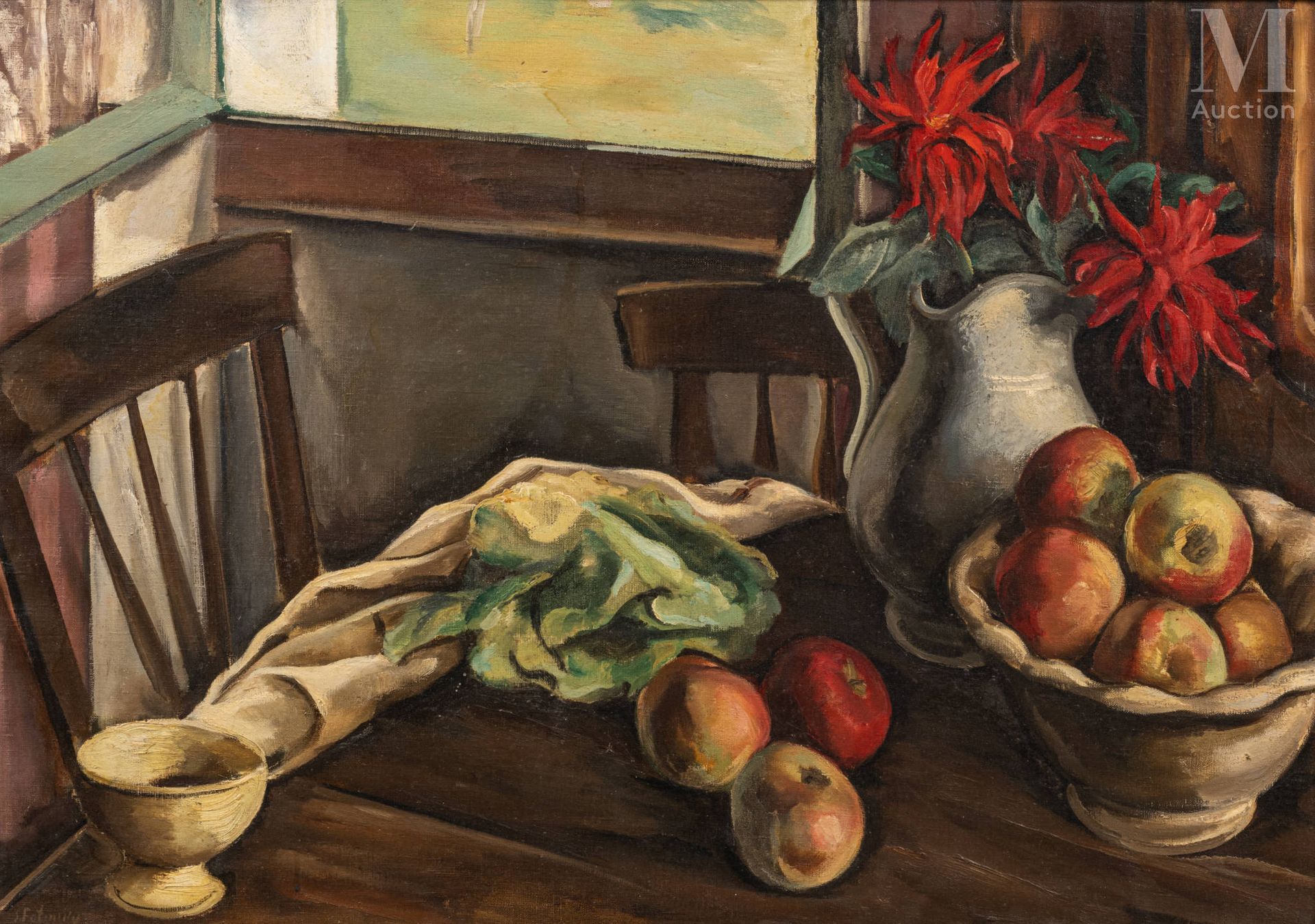 Serge FOTINSKY (Odessa 1887 - 1971) Composición con manzanas y un ramo de dalias&hellip;