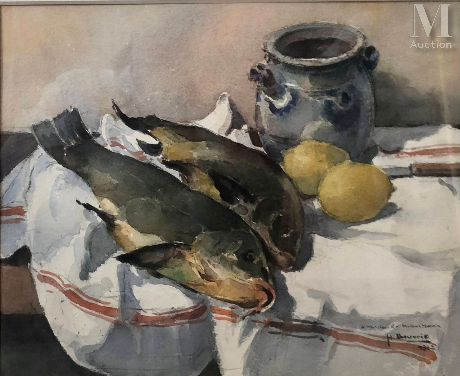 Henry BOUVRIE (1896-?) 有鱼的静物。



纸上水彩画

35 x 43厘米

签名并注明日期，右下角献给Marmin H. Bouvri&hellip;